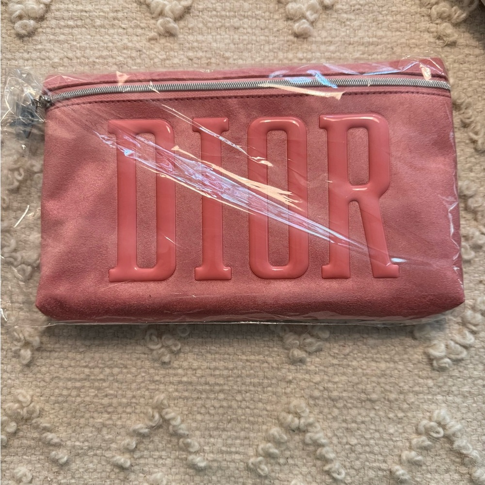 Dior Coral Pink Embossed Logo Zip Pouch